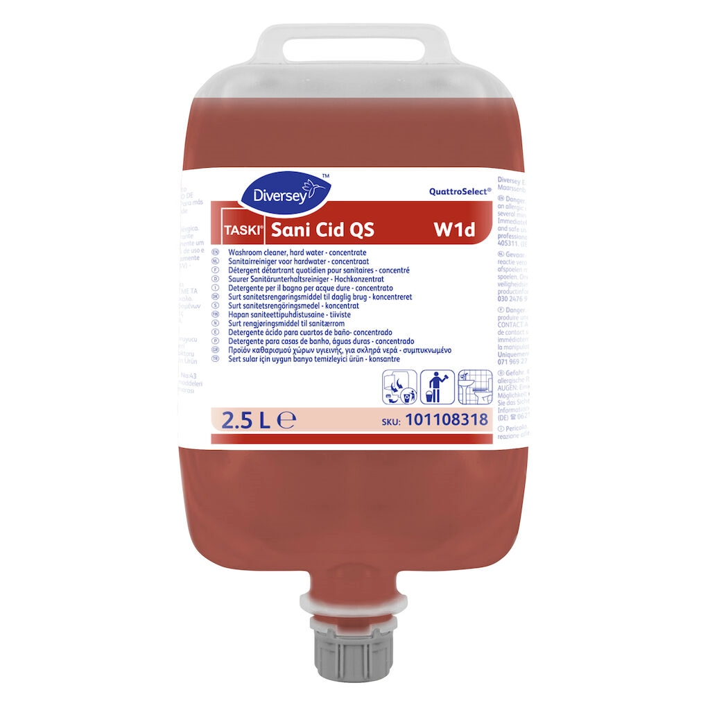 Een TASKI Sani Cid QS W1d 2x2.5L - Sanitairreiniger voor hard water in QuattroSelect® pouch koop je bij Supplierz BV