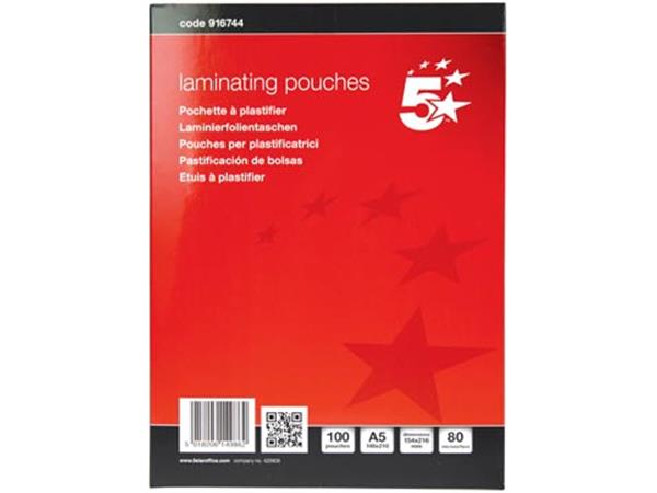 Een 5 Star lamineerhoes ft A5, 160 micron (2 x 80 micron), pak van 100 stuks koop je bij ShopXPress