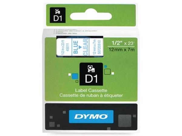 Een Dymo D1 tape 12 mm, blauw op transparant koop je bij ShopXPress