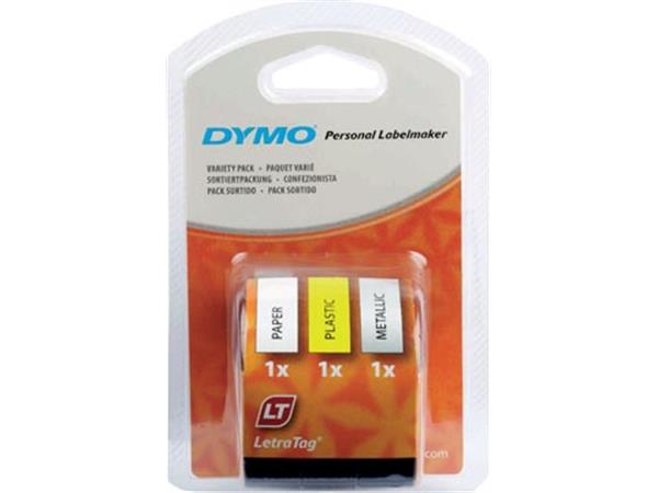 Een Dymo LetraTAG tape 12 mm, set 3 tape: 1 x papier wit, 1 x plastic geel en 1 x metallic zilver koop je bij ShopXPress