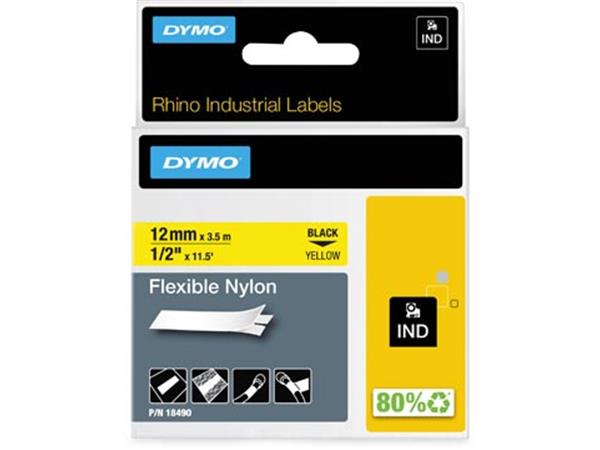 Een Dymo RHINO flexibele nylontape 12 mm, zwart op geel koop je bij ShopXPress