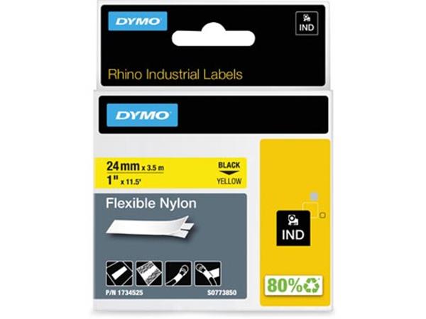 Een Dymo RHINO flexibele nylontape 24 mm, zwart op geel koop je bij ShopXPress