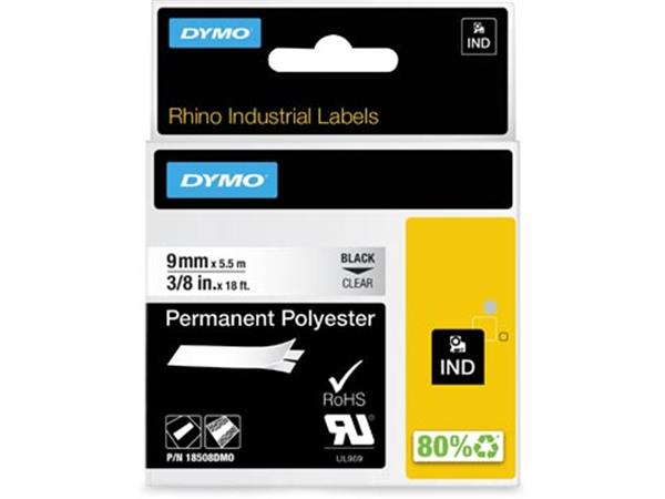 Een Dymo RHINO permanent polyester tape 9 mm, zwart op transparent koop je bij ShopXPress