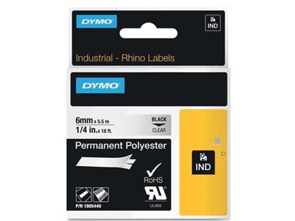 Een Dymo RHINO permanente polyester tape 6 mm, zwart op transparant koop je bij ShopXPress