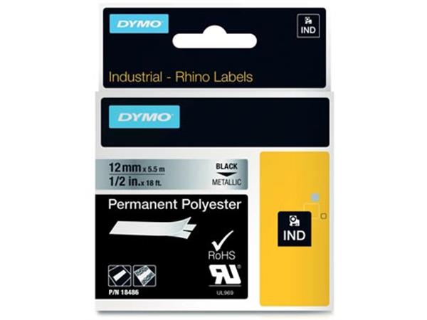 Een Dymo RHINO tape permanent polyester 12 mm, zwart op metaal koop je bij ShopXPress