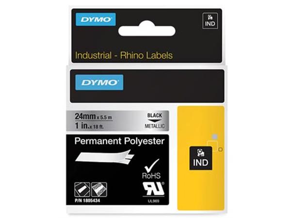 Een Dymo RHINO tape permanent polyester 24 mm, zwart op metaal koop je bij ShopXPress