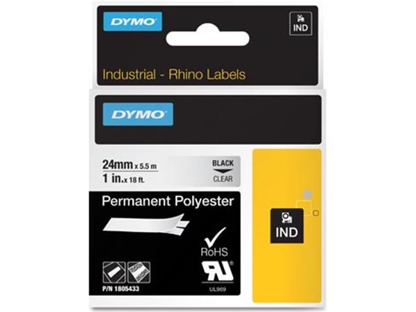 Een Dymo RHINO tape permanent polyester 24 mm, zwart op transparant koop je bij ShopXPress