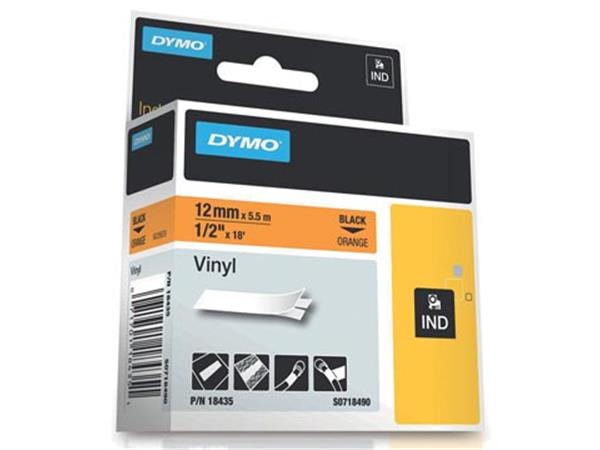 Een Dymo RHINO vinyltape 12 mm, zwart op oranje koop je bij ShopXPress