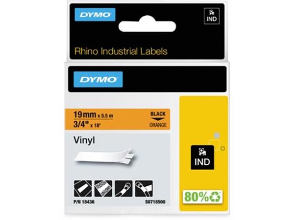 Een Dymo RHINO vinyltape 19 mm x 5,5 m, zwart op oranje koop je bij ShopXPress