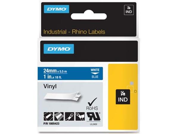 Een Dymo RHINO vinyltape 24 mm, wit op blauw koop je bij ShopXPress