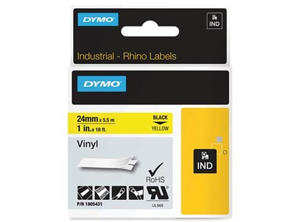 Een Dymo RHINO vinyltape 24 mm, zwart op geel koop je bij ShopXPress