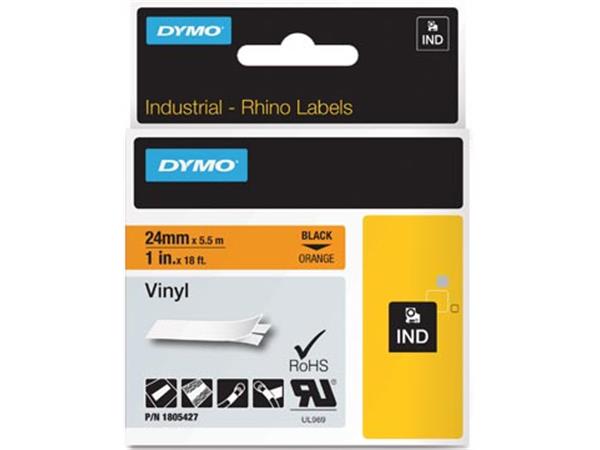 Een Dymo RHINO vinyltape 24 mm, zwart op oranje koop je bij ShopXPress