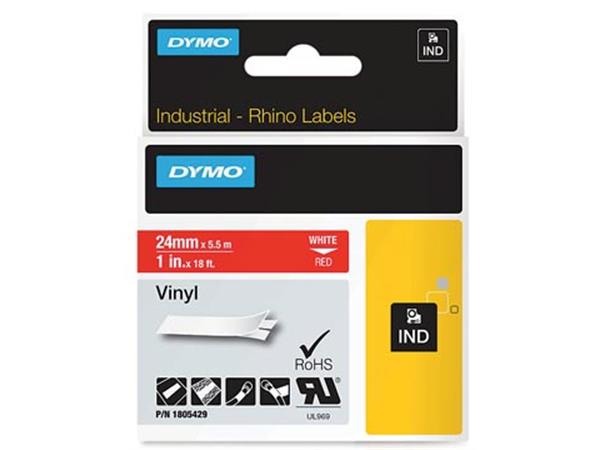 Een Dymo RHINO vinyltape 24 mm, zwart op rood koop je bij ShopXPress