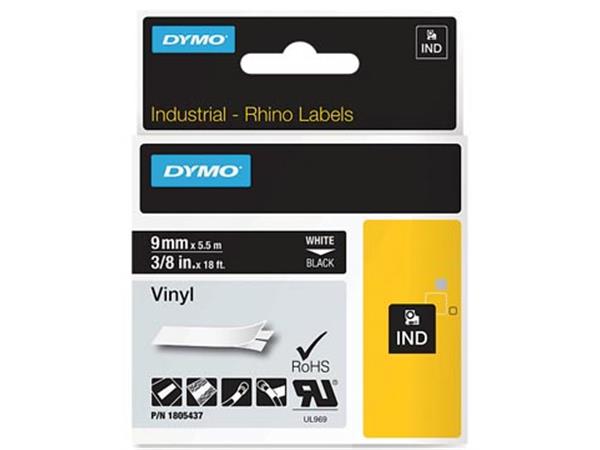 Een Dymo RHINO vinyltape 9 mm, wit op zwart koop je bij ShopXPress