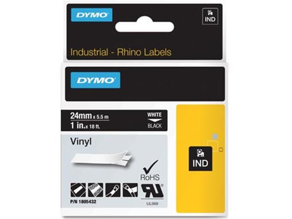 Een Dymo RHINO vinyltape ft 24 mm, wit op zwart koop je bij ShopXPress