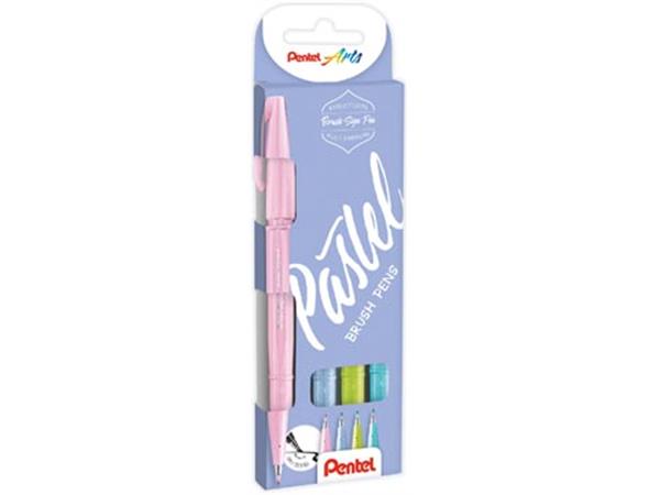 Een Pentel brushpen Sign Pen Brush Touch, kartonnen etui met 4 pastelkleuren: roze, grijs, groen en blauw koop je bij ShopXPress