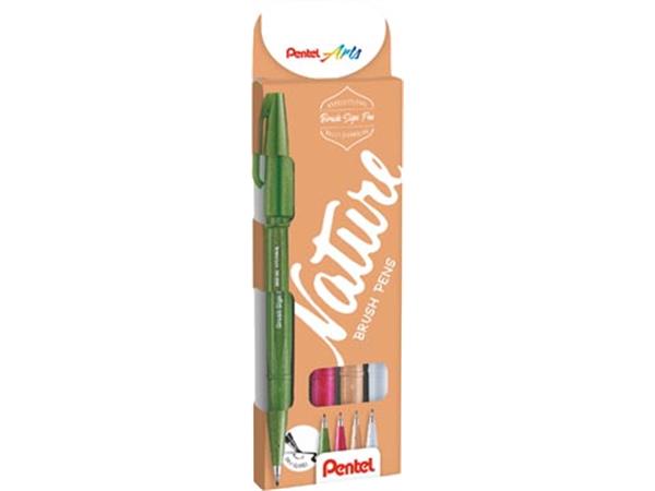 Een Pentel brushpen Sign Pen Brush Touch, kartonnen etui met 4 stuks: groen, bordeaux, beige en lichtgrijs koop je bij ShopXPress