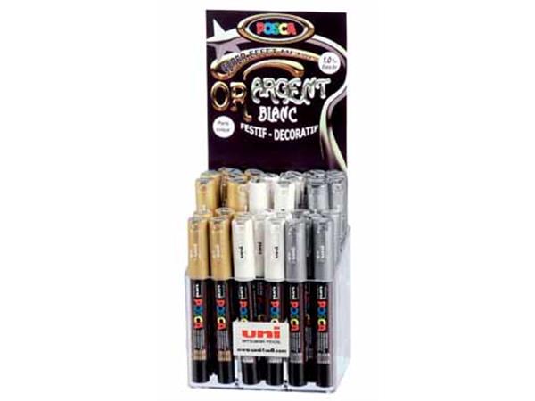 Een Posca paintmarker PC-1MC, display van 36 stuks in geassorteerde kleuren (goud, zilver, wit) koop je bij ShopXPress