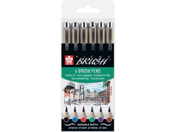 Een Sakura brushpen Pigma Brush, etui van 6 stuks, in geassorteerde kleuren koop je bij ShopXPress