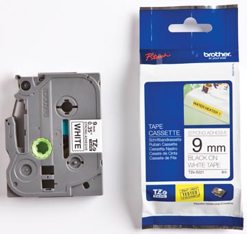 Een Brother TZe tape voor P-Touch 9 mm, zwart op wit, extra klevend koop je bij ShopXPress