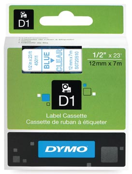 Een Dymo D1 tape 12 mm, blauw op transparant koop je bij ShopXPress