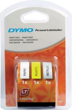 Een Dymo LetraTAG tape 12 mm, set 3 tape: 1 x papier wit, 1 x plastic geel en 1 x metallic zilver koop je bij ShopXPress