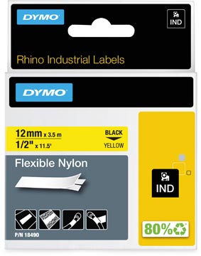 Een Dymo RHINO flexibele nylontape 12 mm, zwart op geel koop je bij ShopXPress