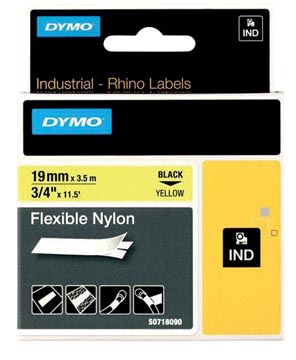 Een Dymo RHINO flexibele nylontape 19 mm, zwart op geel koop je bij ShopXPress