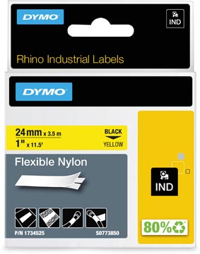 Een Dymo RHINO flexibele nylontape 24 mm, zwart op geel koop je bij ShopXPress