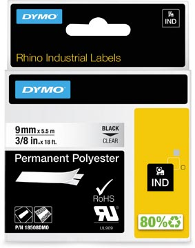 Een Dymo RHINO permanent polyester tape 9 mm, zwart op transparent koop je bij ShopXPress