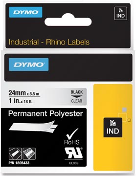 Een Dymo RHINO tape permanent polyester 24 mm, zwart op transparant koop je bij ShopXPress