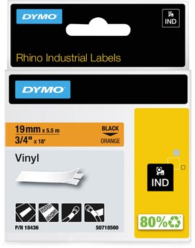 Een Dymo RHINO vinyltape 19 mm x 5,5 m, zwart op oranje koop je bij ShopXPress