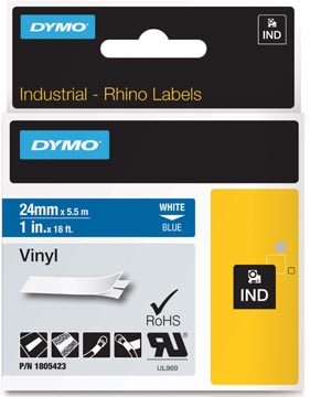 Een Dymo RHINO vinyltape 24 mm, wit op blauw koop je bij ShopXPress