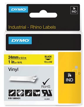 Een Dymo RHINO vinyltape 24 mm, zwart op geel koop je bij ShopXPress