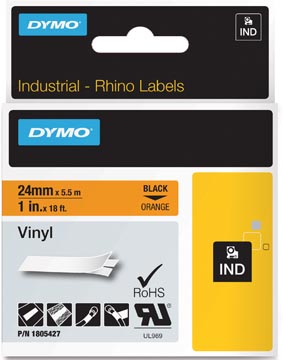 Een Dymo RHINO vinyltape 24 mm, zwart op oranje koop je bij ShopXPress