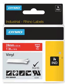 Een Dymo RHINO vinyltape 24 mm, zwart op rood koop je bij ShopXPress