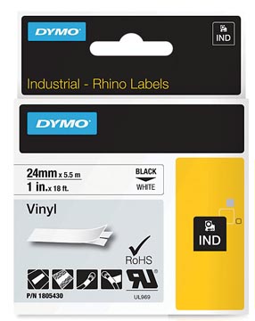 Een Dymo RHINO vinyltape 24 mm, zwart op wit koop je bij ShopXPress