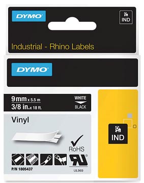 Een Dymo RHINO vinyltape 9 mm, wit op zwart koop je bij ShopXPress