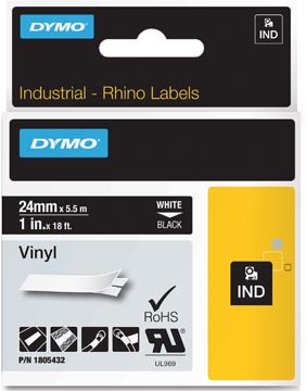 Een Dymo RHINO vinyltape ft 24 mm, wit op zwart koop je bij ShopXPress