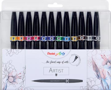 Een Pentel brushpen Artist, kartonnen etui met 12 stuks in geassorteerde kleuren koop je bij ShopXPress