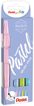 Een Pentel brushpen Sign Pen Brush Touch, kartonnen etui met 4 pastelkleuren: roze, grijs, groen en blauw koop je bij ShopXPress