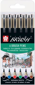 Een Sakura brushpen Pigma Brush, etui van 6 stuks, in geassorteerde kleuren koop je bij ShopXPress